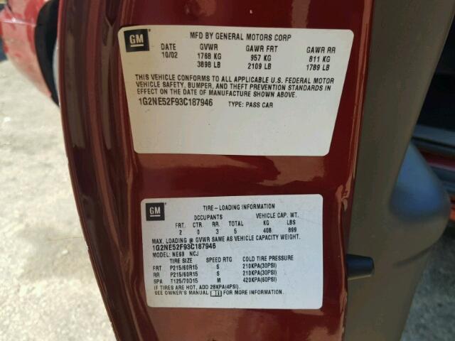 1G2NE52F93C187946 - 2003 PONTIAC GRAND AM S Bordo foto 10