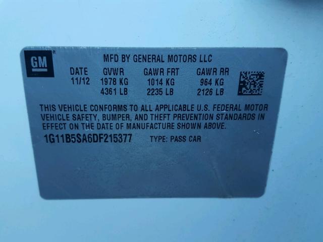 1G11B5SA6DF215377 - 2013 CHEVROLET MALIBU LS თეთრი ფოტო 10