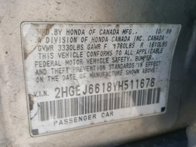 2HGEJ6618YH511678 - 2000 HONDA CIVIC BASE SILVER photo 10