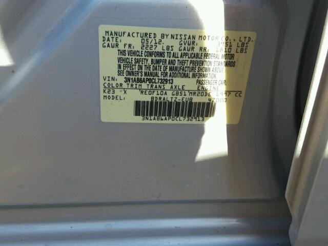 3N1AB6AP0CL732913 - 2012 NISSAN SENTRA SILVER photo 10