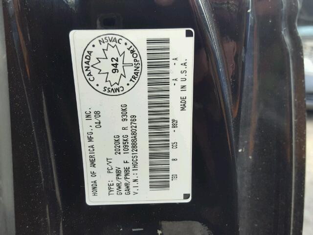 1HGCS12888A802769 - 2008 HONDA ACCORD EXL BLACK photo 10