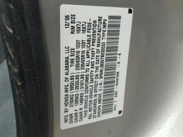 5FNRL38267B032033 - 2007 HONDA ODYSSEY LX SILVER photo 10