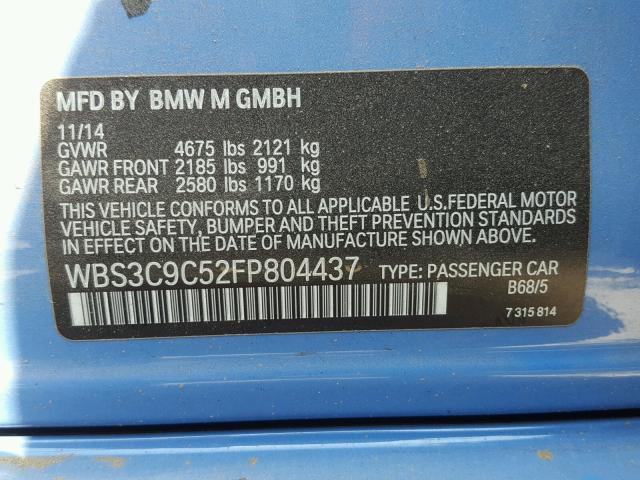 WBS3C9C52FP804437 - 2015 BMW M3 BLUE photo 10