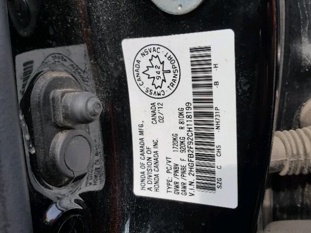 2HGFB2F92CH118199 - 2012 HONDA CIVIC EXL 黑色 照片 10