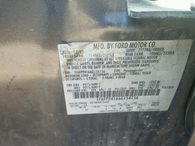 1FAFP24166G154156 - 2006 FORD FIVE HUNDR GRAY photo 10