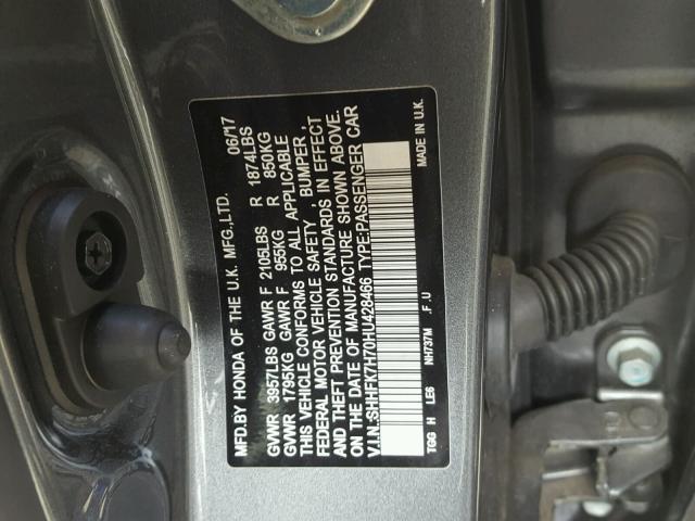 SHHFK7H70HU428466 - 2017 HONDA CIVIC EXL ნაცრისფერი ფოტო 10