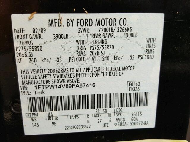 1FTPW14V89FA67416 - 2009 FORD F150 BLACK photo 10