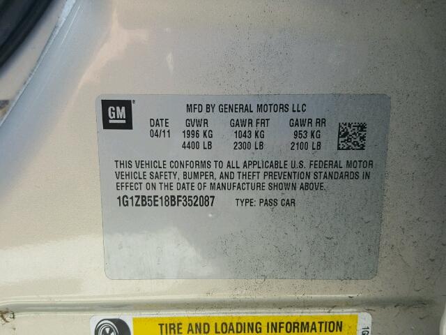 1G1ZB5E18BF352087 - 2011 CHEVROLET MALIBU LS GOLD photo 10