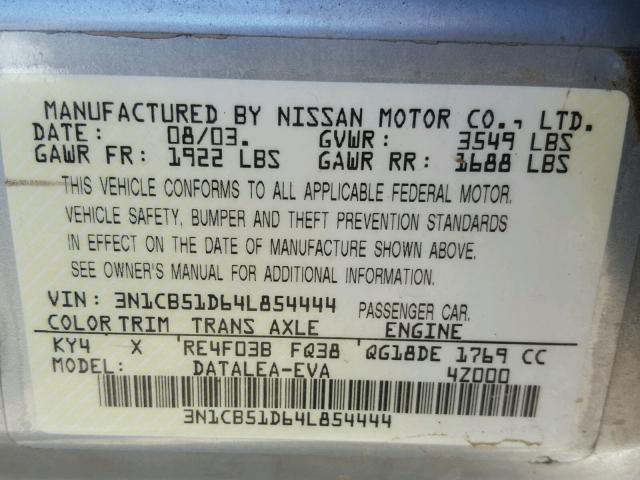 3N1CB51D64L854444 - 2004 NISSAN SENTRA 1.8 SILVER photo 10