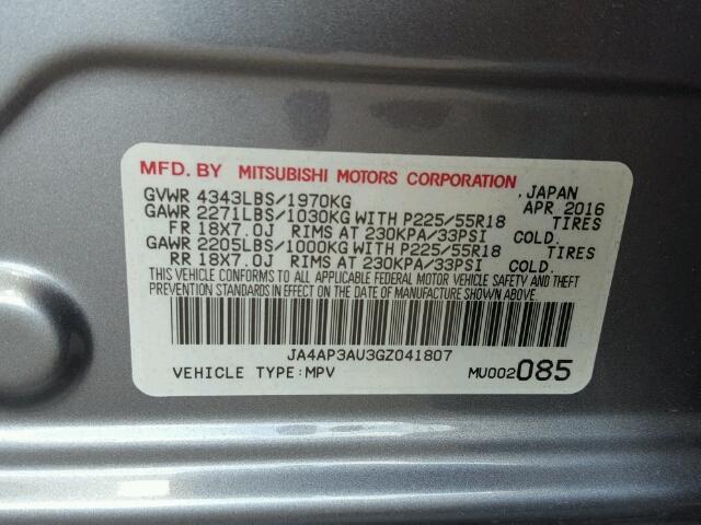 JA4AP3AU3GZ041807 - 2016 MITSUBISHI OUTLANDER GRAY photo 10