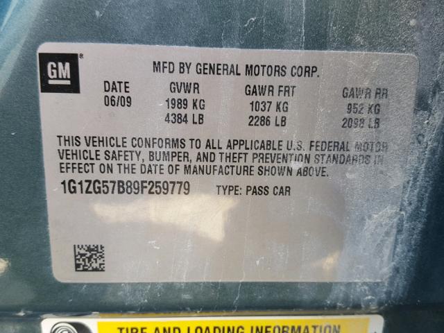 1G1ZG57B89F259779 - 2009 CHEVROLET MALIBU LS GREEN photo 10