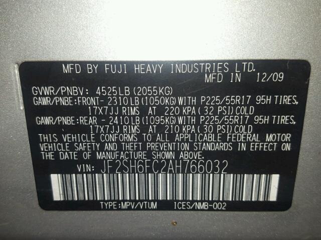 JF2SH6FC2AH766032 - 2010 SUBARU FORESTER 2 SILVER photo 10