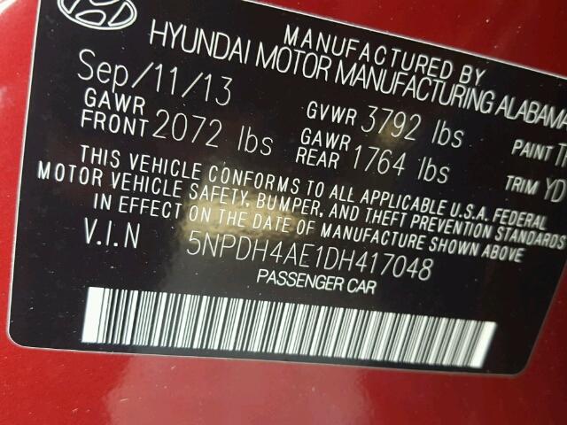 5NPDH4AE1DH417048 - 2013 HYUNDAI ELANTRA GL RED photo 10