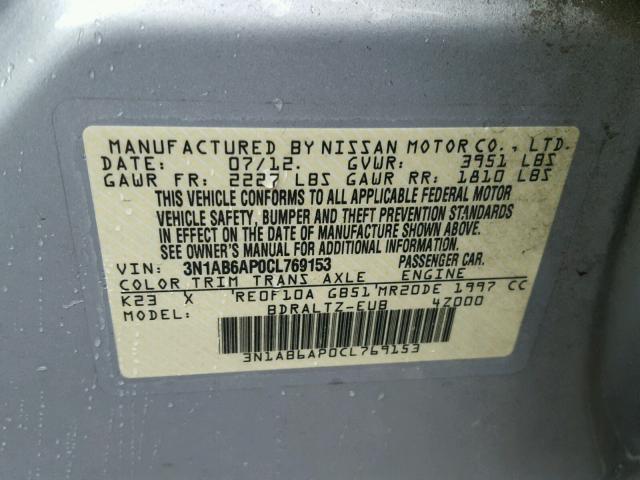 3N1AB6AP0CL769153 - 2012 NISSAN SENTRA 2.0 SILVER photo 10