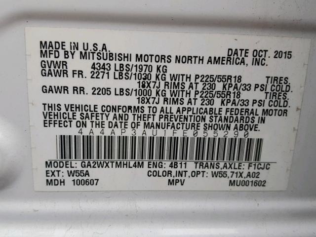 4A4AP3AU1FE055290 - 2015 MITSUBISHI OUTLANDER WHITE photo 10