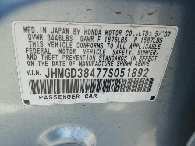 JHMGD38477S051892 - 2007 HONDA FIT BLUE photo 10