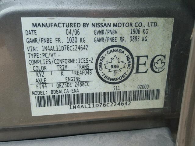 1N4AL11D76C224642 - 2006 NISSAN ALTIMA S SILVER photo 10