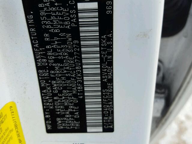 4T1BF3EK3BU777279 - 2011 TOYOTA CAMRY BASE WHITE photo 10