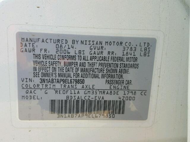 3N1AB7AP9EL679850 - 2014 NISSAN SENTRA S WHITE photo 10