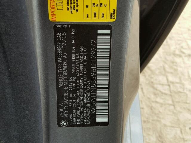 WBAHN83596DT29272 - 2006 BMW 750 GRAY photo 10