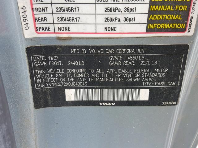 YV1MC672X8J049046 - 2008 VOLVO C70 T5 SILVER photo 10