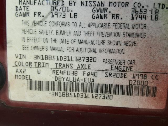 3N1BB51D31L127320 - 2001 NISSAN SENTRA SE RED photo 10