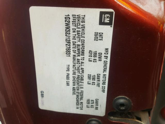 1G2WK52J12F276831 - 2002 PONTIAC GRAND PRIX RED photo 10