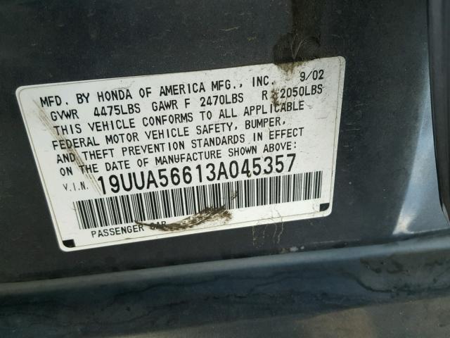 19UUA56613A045357 - 2003 ACURA 3.2TL GRAY photo 10