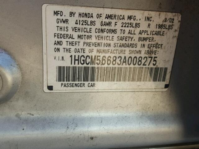 1HGCM56683A008275 - 2003 HONDA ACCORD EX SILVER photo 10