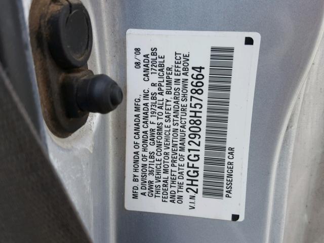 2HGFG12908H578664 - 2008 HONDA CIVIC EXL 银色 照片 10