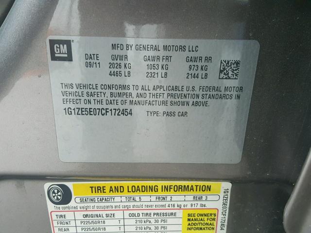 1G1ZE5E07CF172454 - 2012 CHEVROLET MALIBU LTZ 烧焦的 照片 10