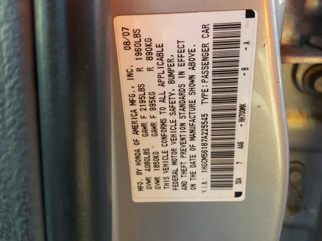 1HGCM56187A225545 - 2007 HONDA ACCORD VAL SILVER photo 10