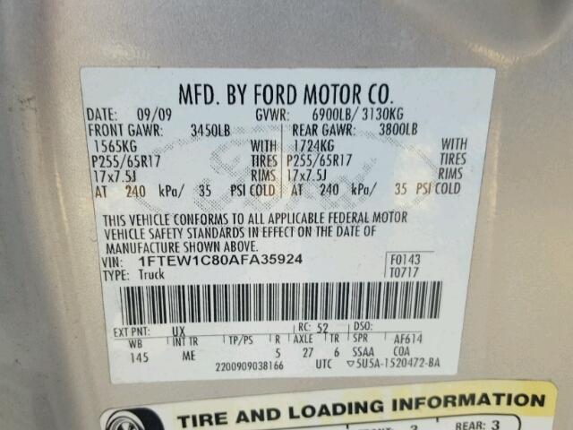 1FTEW1C80AFA35924 - 2010 FORD F150 SUPER SILVER photo 10