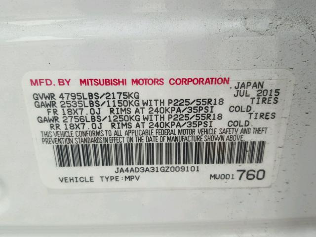 JA4AD3A31GZ009101 - 2016 MITSUBISHI OUTLANDER WHITE photo 10