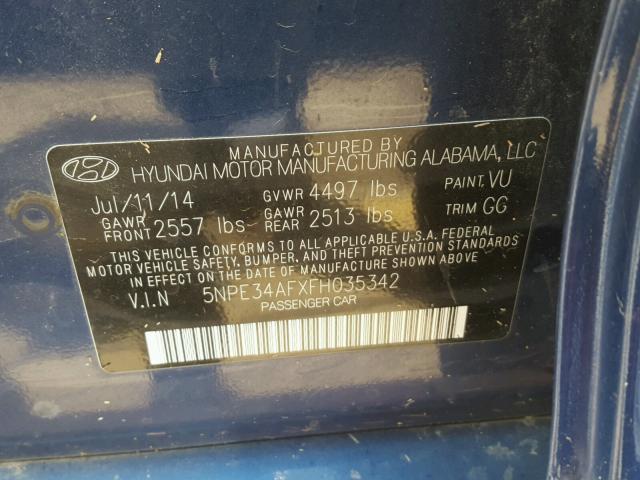 5NPE34AFXFH035342 - 2015 HYUNDAI SONATA SPO BLUE photo 10