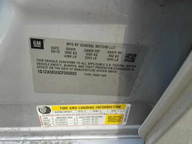 1G1ZA5EU0CF350803 - 2012 CHEVROLET MALIBU LS ვერცხლისფერი ფოტო 10