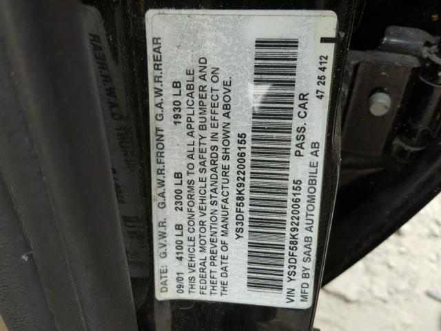 YS3DF58K922006155 - 2002 SAAB 9-3 SE BLACK photo 10