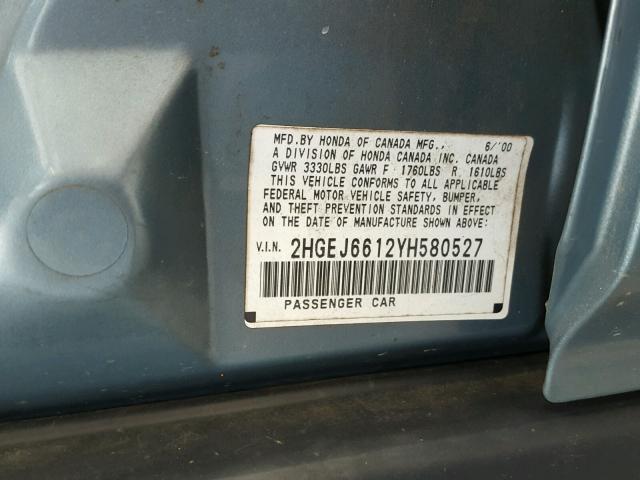 2HGEJ6612YH580527 - 2000 HONDA CIVIC BASE Mavi foto 10