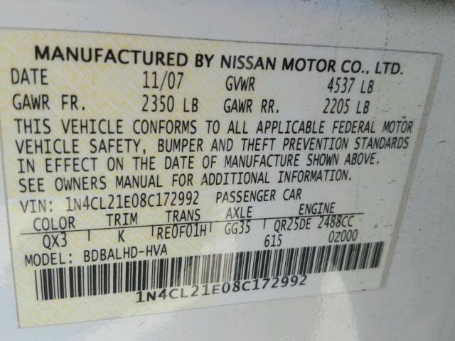 1N4CL21E08C172992 - 2008 NISSAN ALTIMA HYB WHITE photo 10