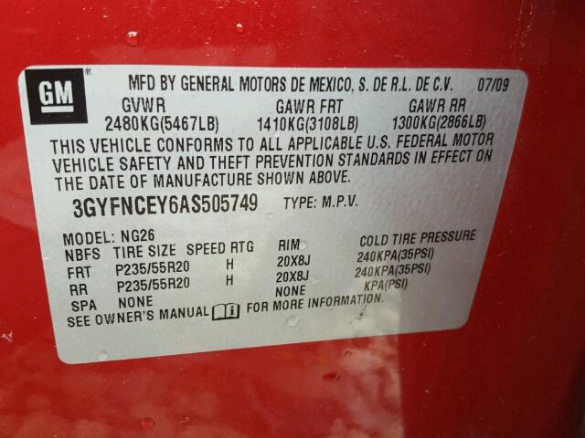 3GYFNCEY6AS505749 - 2010 CADILLAC SRX PREMIU RED photo 10