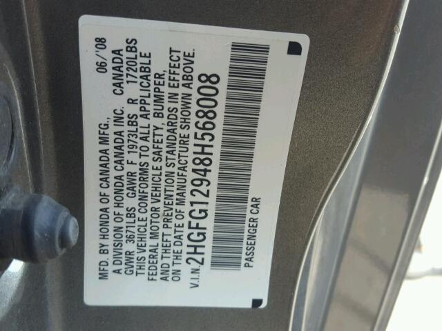 2HGFG12948H568008 - 2008 HONDA CIVIC EXL 灰色 照片 10