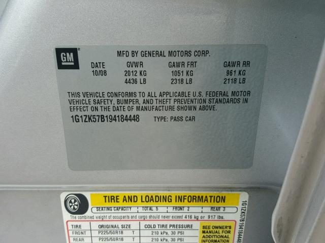 1G1ZK57B194184448 - 2009 CHEVROLET MALIBU LTZ SILVER photo 10