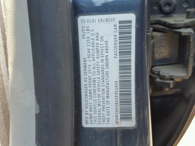 WVWTH63B03P452404 - 2003 VOLKSWAGEN PASSAT GLX BLACK photo 10