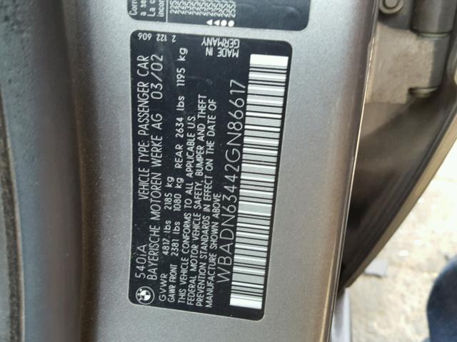 WBADN63442GN86617 - 2002 BMW 540 I AUTO GRAY photo 10