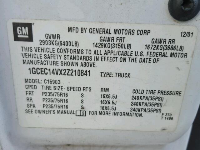 1GCEC14VX2Z210841 - 2002 CHEVROLET SILVERADO WHITE photo 10