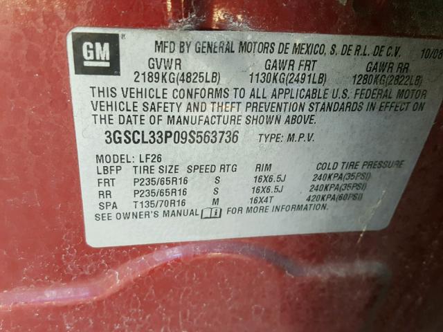3GSCL33P09S563736 - 2009 SATURN VUE XE RED photo 10