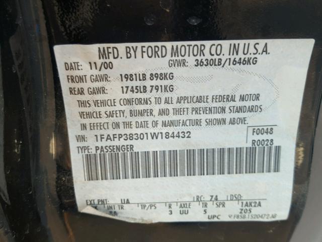 1FAFP38301W184432 - 2001 FORD FOCUS ZTS BLACK photo 10