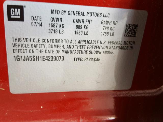 1G1JA5SH1E4239079 - 2014 CHEVROLET SONIC LS წითელი ფოტო 10