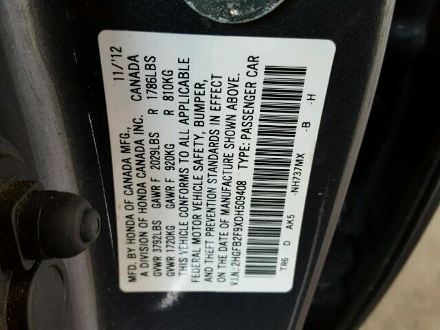 2HGFB2F9XDH509408 - 2013 HONDA CIVIC EXL GRAY photo 10
