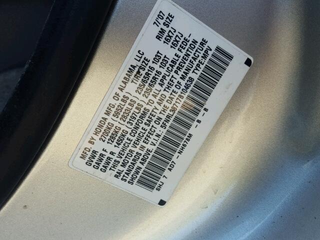 5FNRL38717B104638 - 2007 HONDA ODYSSEY EX SILVER photo 10